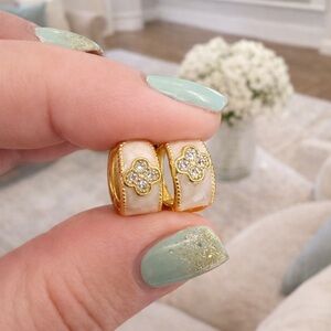 Gold Mother of Pearl clover huggie earrings